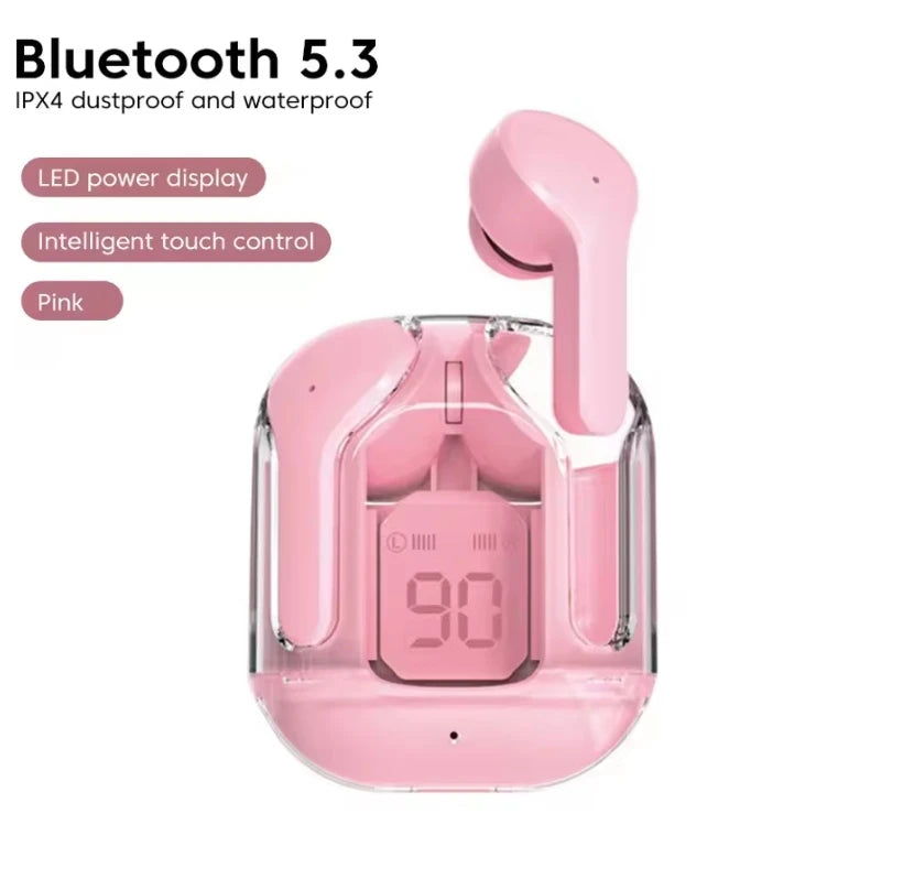 Crystalbeats BT30: Transparent TWS Bluetooth 5.3 Earbuds with Digital Display & Noise Canceling
