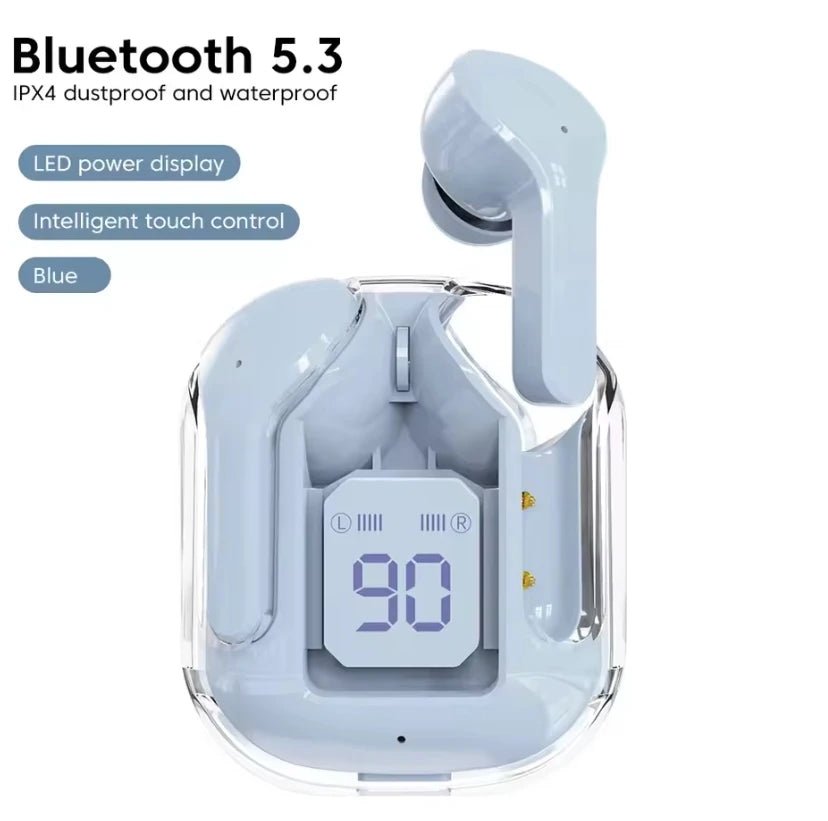 Crystalbeats BT30: Transparent TWS Bluetooth 5.3 Earbuds with Digital Display & Noise Canceling